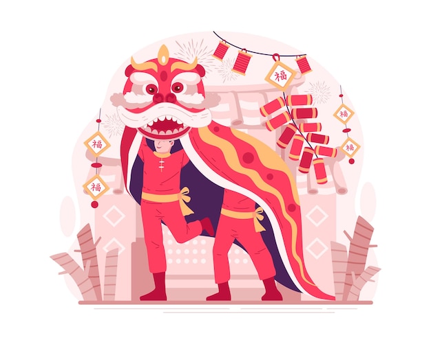 Vector artistas de danza del león bailando en la celebración del año nuevo chino