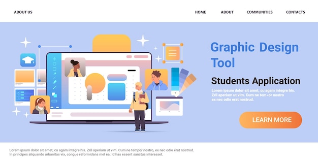 Artistas de diseño gráfico trabajando en portátiles hombre mujer diseñadores creando logotipo creación de arte digital estudiantes concepto de aplicación