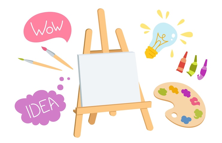 Vector artistas pintando suministros conjunto de dibujos animados y firmar bocadillo de diálogo paletas de acuarela dibujadas a mano pinceles paleta de madera caballete tubos con paleta de pintura acrílica equipo de artistas de regreso a la escuela