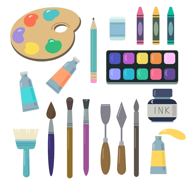 Artistas suministra herramientas de pintura ilustración vectorial acuarela pinturas pinceles lápices de colores