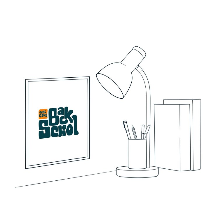 Vector artístico de línea de papelería de lámpara de escritorio y diseño de libros con cartel de regreso a la escuela