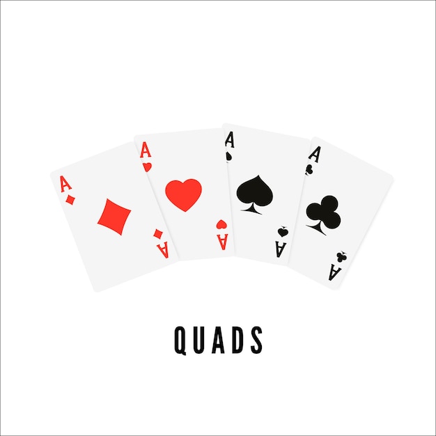 As. Naipes cuatro de un tipo o quads. Cartas ganadoras de póquer o blackjack. Ilustración vectorial