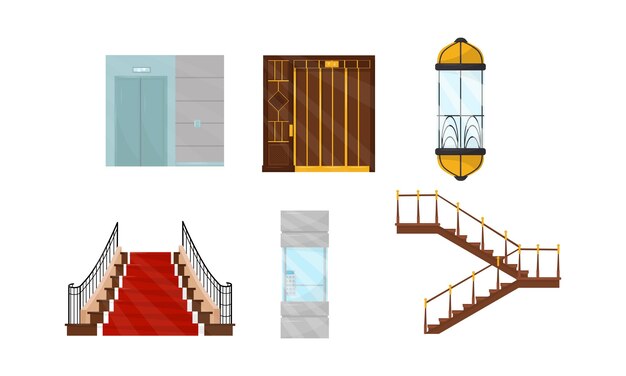 Ascensores y escaleras en diferentes estilos conjunto ilustrado vectorial mecanismos de ascensor en estilo de dibujos animados