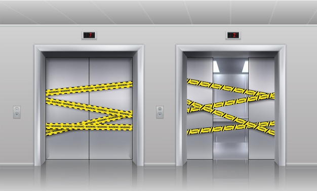 Vector ascensores rotos cerrados por reparación o mantenimiento puertas de cabina semiabiertas realistas de pasajeros y elevadores de carga puerta bloqueada con ilustración de vector de cinta de advertencia negra y amarilla