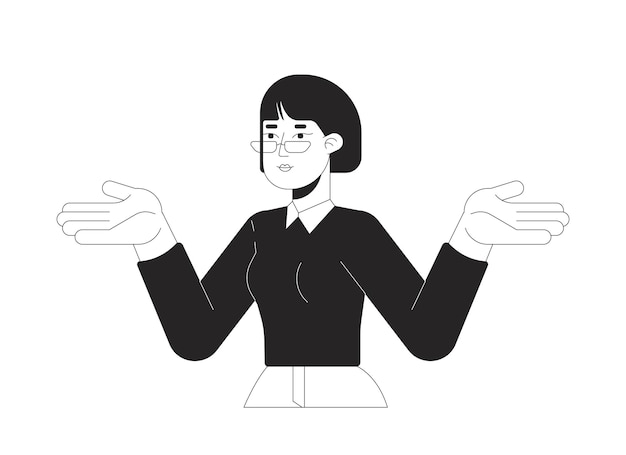 Asegura de negocios casual mujer asiática encogiéndose de hombros personaje de línea 2D en blanco y negro