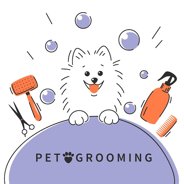 Aseo de mascotas. logotipo del salón de peluquería animal, cortes de pelo, baño. perro pomerania alemán spitz.