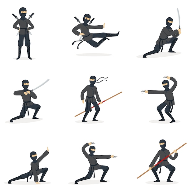 Vector asesino ninja japonés en traje negro completo que realiza posturas de artes marciales ninjitsu con diferentes armas serie de ilustraciones.