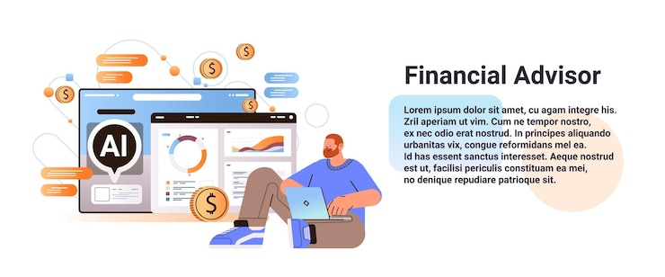 Vector asesor financiero profesional que brinda asesoramiento en la aplicación de la computadora con el concepto de planificación de la gestión del dinero de la inversión del bot ayudante de ai ilustración del vector del espacio de copia horizontal