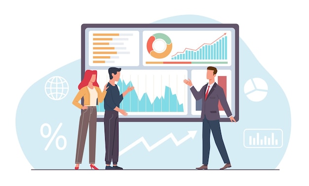 Asesor financiero proporciona asesoramiento de mercado y valores a parejas casadas Gráficos y diagramas para presentaciones Inversión de dinero Concepto vectorial aislado de estilo plano de dibujos animados
