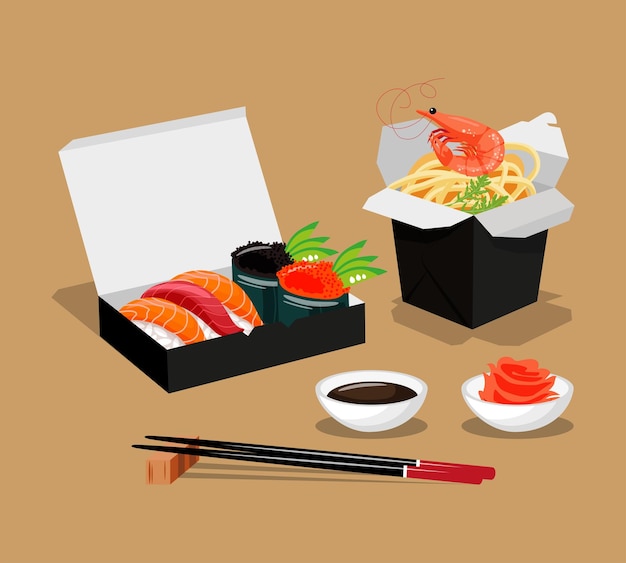 Asianfood estilo oriental entrega de alimentos cajas de fideos y mariscos y palillos de sushi comida para llevar