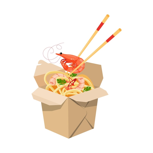 Asianfood estilo oriental entrega de comida fideos y camarones cajas de cartón palillos comida para llevar