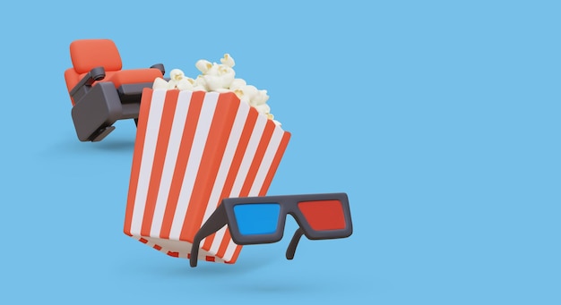 Vector asiento de cine 3d cubo de palomitas de maíz gafas anaglíficas todo para una visualización conveniente de películas