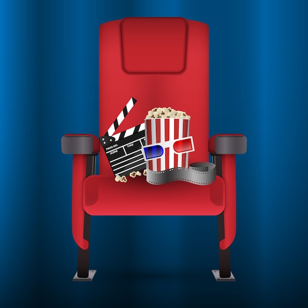 Vector asiento de cine de cine realista rojo con tira de película