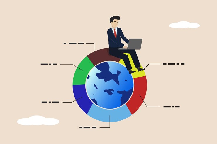 Vector asignación de activos de cartera global hombre de negocios inteligente trabajando con una computadora portátil en el gráfico mundial