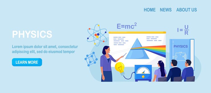 Vector asignatura de la escuela de física estudiantes que estudian la dispersión del color a través del prisma en el aula científico explora las fuerzas de las ondas de luz de la electricidad profesor señalando la pizarra enseñando a los alumnos experimento de laboratorio