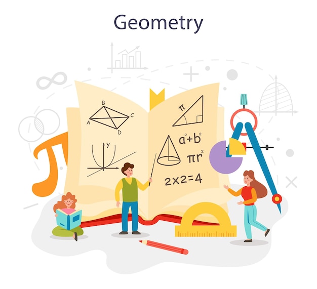 Asignatura de la escuela de geometría Tarea abstracta con cálculo matemático Fórmula teórica y de ingeniería Ilustración de vector plano aislado