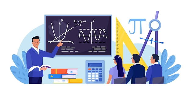 Asignatura de la escuela de matemáticas estudiantes que estudian matemáticas en el aula profesor señalando la pizarra enseñando a los niños los niños en los escritorios aprenden matemáticas aritmética álgebra y geometría conocimiento educativo