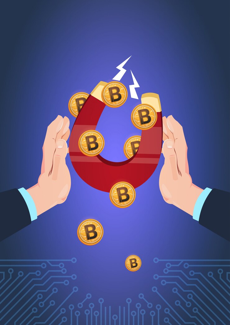 Vector asimiento de la mano imán bitcoin tirando. soporte de comunicación de minería informática concepto de moneda criptográfica