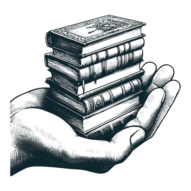 Asimiento de la mano Pila de libros aislados en blanco Ilustración de vector de boceto dibujado a mano
