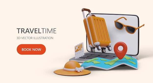 Asistencia de asesores de viaje Tours para fines de semana vacaciones vacaciones lunas de miel Afiche publicitario para la transición al sitio web de la agencia de viajes Laptop abierta en 3D y accesorios para viajeros