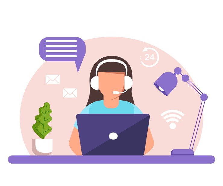 Vector asistencia, call center. mujer con auriculares y micrófono con laptop.