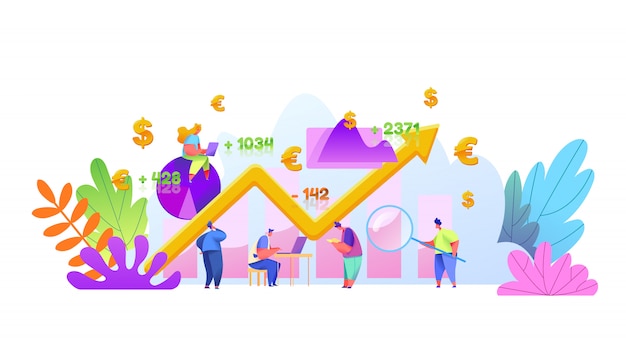 Vector asistente financiero virtual, concepto de comercio en línea con análisis masculino y femenino con investigación financiera portátil. concepto de gestión de activos, inversión, dinero y ganancias con gráfico de crecimiento del mercado.