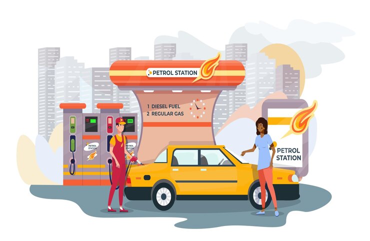 Vector asistente de gasolinera llenando el automóvil del cliente servicio combustible de petróleo y gas ilustración de vector plano
