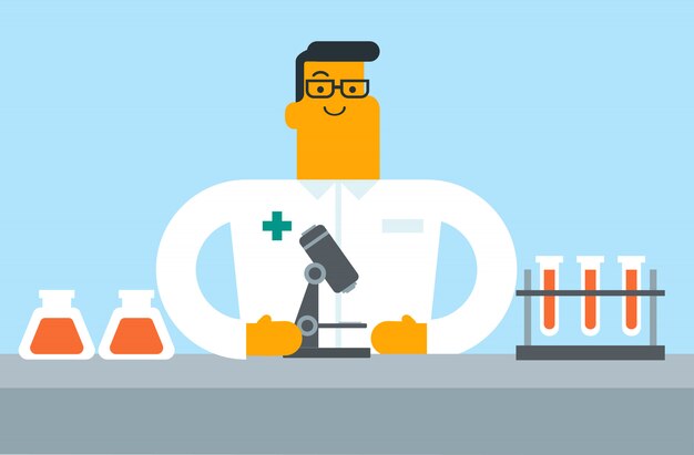 Asistente de laboratorio caucásico con un microscopio.
