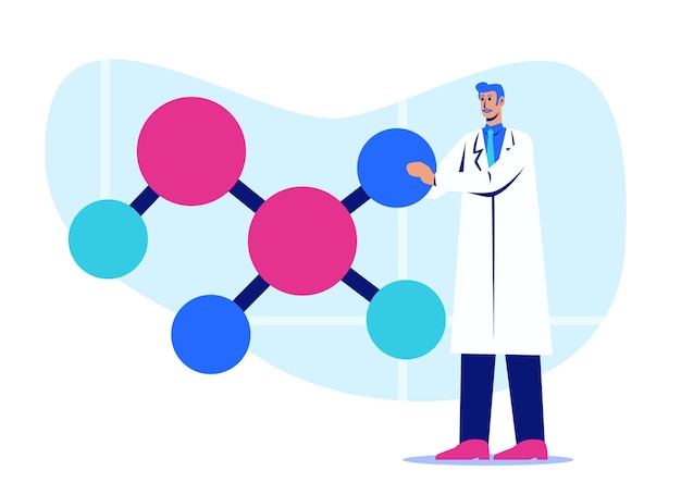 Asistente de laboratorio que sostiene el símbolo de la molécula Producción de sustancias en la clínica