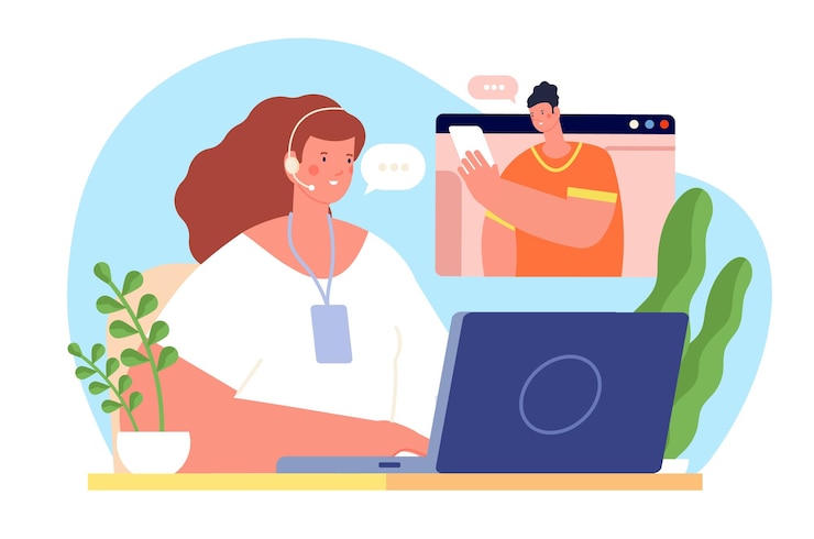 Vector asistente en línea servicio de persona todo el día ayudando al cliente atención al cliente llamada de ayuda virtual contacto de hombre de negocios con consultor concepto de vector completo