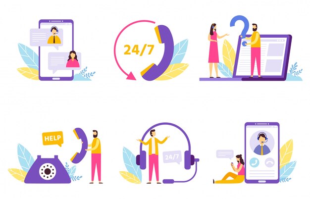 Asistente en línea Servicio de soporte técnico virtual, asistencia personal y conjunto de ilustración de comunicación del operador de línea directa