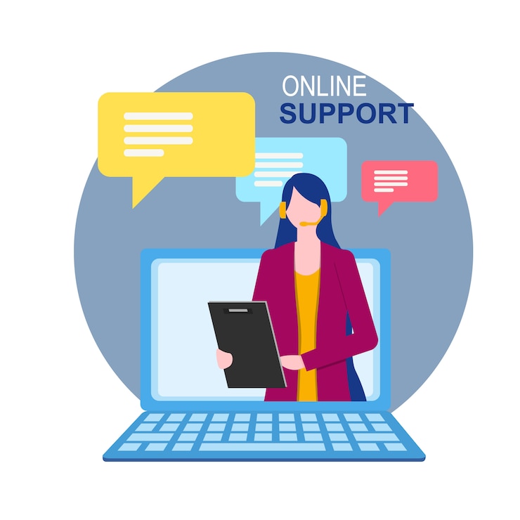Vector asistente de la mujer en la pantalla del portátil soporte técnico en línea