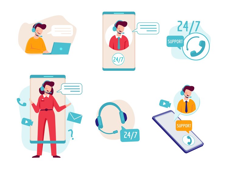 Vector asistente online. el chat del operador virtual ayuda al soporte técnico de los auriculares. centro de operador de ilustración, servicio de llamada en línea