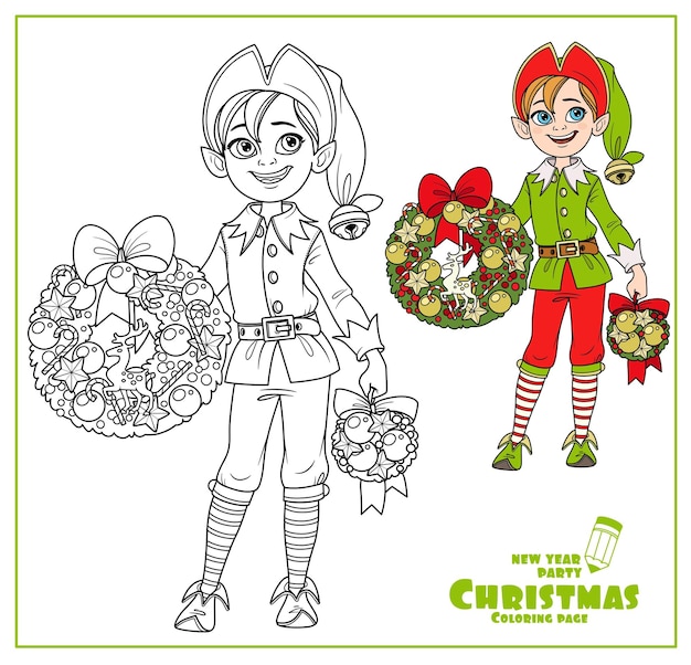 Asistente de Papá Noel elfo de niño lindo sosteniendo color de corona de Navidad y delineado para colorear página