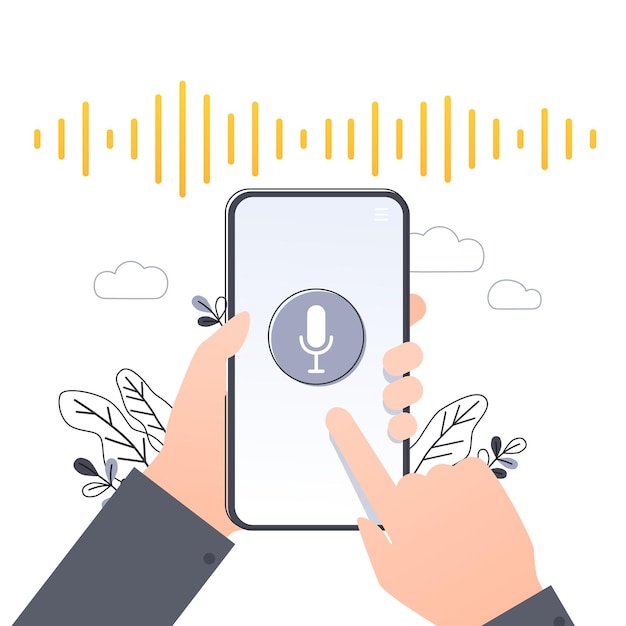 Asistente personal y reconocimiento de voz en la aplicación móvil. Ilustración de vector plano concepto de mano humana sostiene teléfono inteligente con botón de micrófono en pantalla y líneas de imitación de voz y sonido