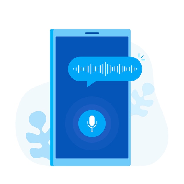 Asistente personal y reconocimiento de voz en la aplicación móvil. Smartphone con botón de micrófono en pantalla y líneas de imitación de voz y sonido. Ilustración de vector de estilo plano moderno.