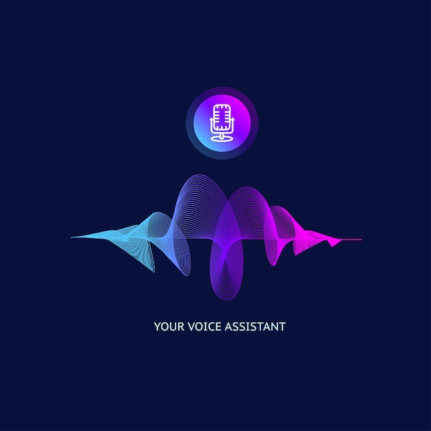 Asistente personal de voz que línea delgada onda sonora y micrófono tecnología inteligente concepto ilustración vectorial de dispositivo de reconocimiento de ondas sonoras