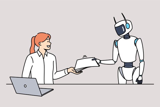 Un asistente robot ayuda a una oficinista a entregar documentos y eliminar el papeleo