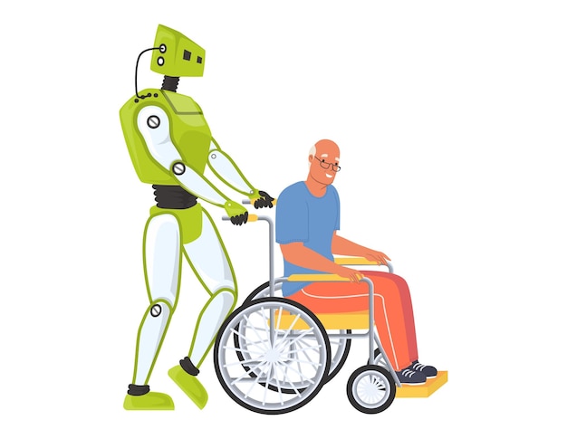 Asistente de robot ayuda a persona discapacitada vector plano