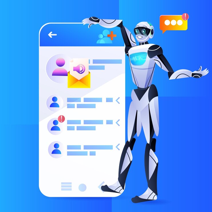 Vector asistente de robot chatbot usando la aplicación de mensajería móvil bocadillo de diálogo comunicación en línea