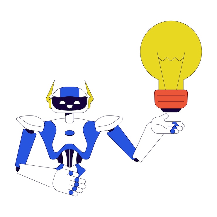 Vector asistente robot que genera ideas personaje de dibujos animados lineal 2d