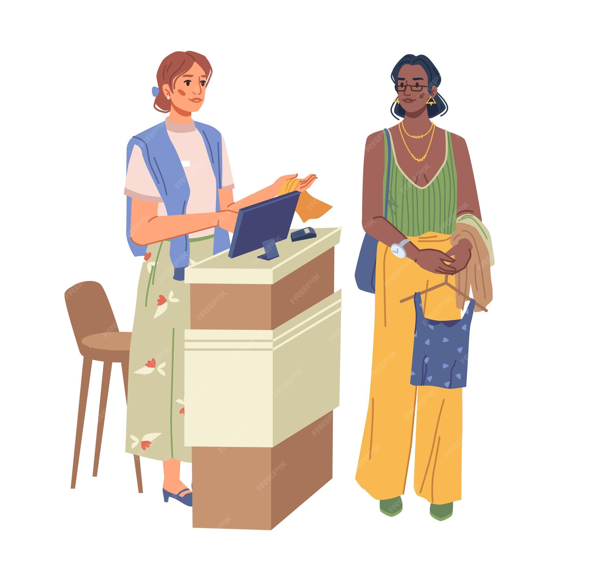 Asistente de tienda atractivo vender ropa a personajes de dibujos animados planos aislados de mujer africana joven | Vector Premium Asistente de tienda atractivo vender ropa a personajes de dibujos animados planos aislados de mujer africana joven | Vector Premium