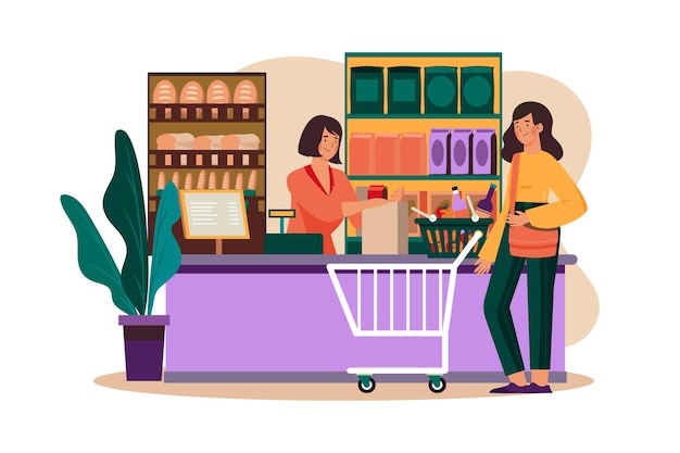 Asistente de tienda manejando bolsa de compras a clienta en tienda de comestibles