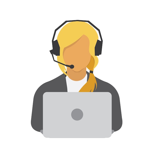 Asistente virtual con auriculares y ilustración de vector de computadora portátil