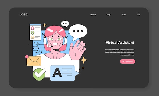 Asistente virtual dinámica mujer robótica con auricular administrando eficientemente mensajes perfiles de usuario