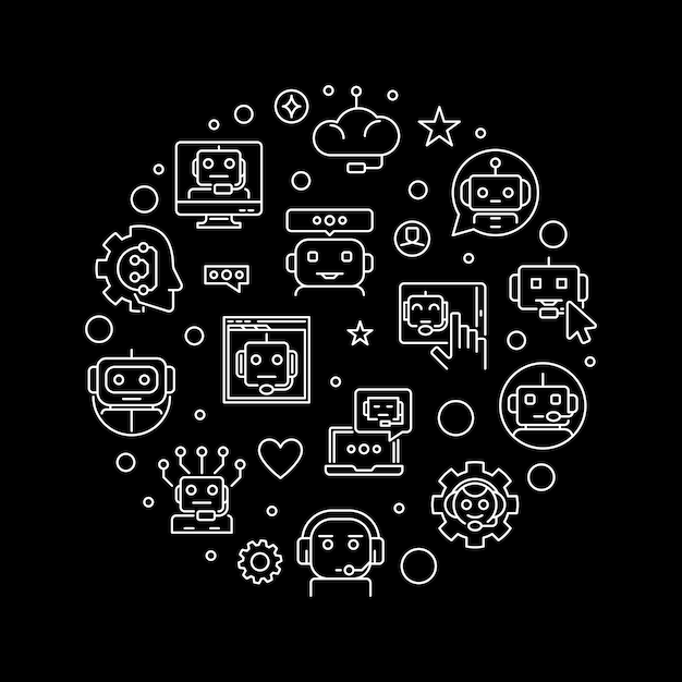 Asistente virtual o Chat Bot Technology esquema redondo banner vector Chatbot ilustración