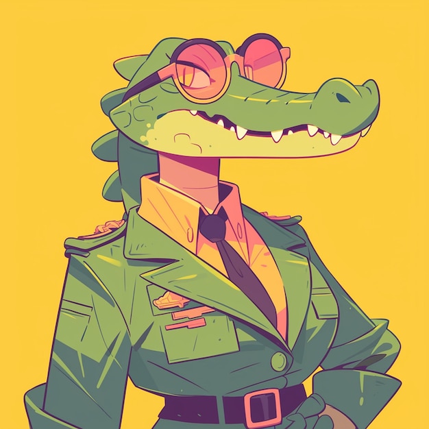 Un asistente de vuelo de cocodrilo serio al estilo de los dibujos animados