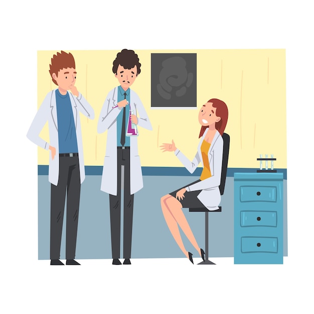 Asistentes científicos Personas que realizan experimentos de investigación y análisis en el laboratorio científico Ilustración vectorial