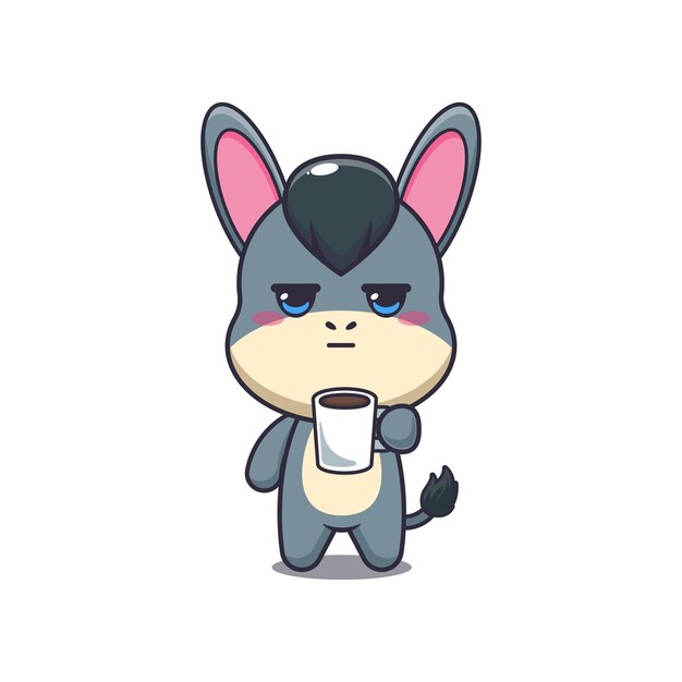 asno mascota personaje de dibujos animados ilustración vectorial está cansado y somnoliento sosteniendo café