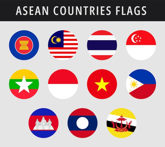 Vector asociación de naciones del sudeste asiático, todos los miembros diseño de banderas conjunto de banderas redondas de países de la asean